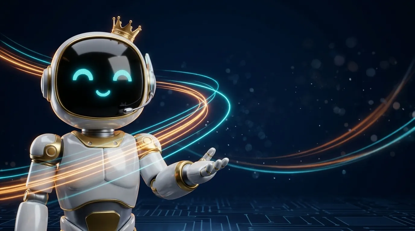 The gold Mastermind robot holding out a hand, with orange and cyan light trails